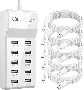 10-Port USB Charging Station, 50W 10A Desktop Charger with 5 A-to-C Cables