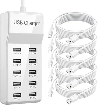10-Port USB Charging Station, 50W 10A Desktop Charger with 5 A-to-C Cables
