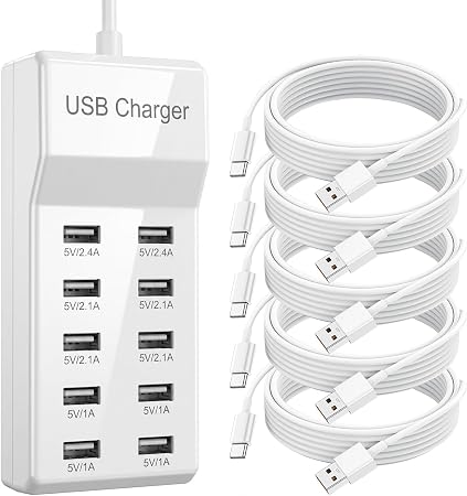 10-Port USB Charging Station, 50W 10A Desktop Charger with 5 A-to-C Cables