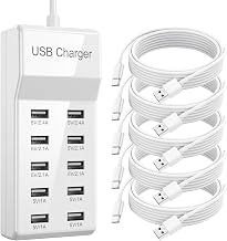 10-Port USB Charging Station, 50W 10A Desktop Charger with 5 A-to-C Cables - Image 1