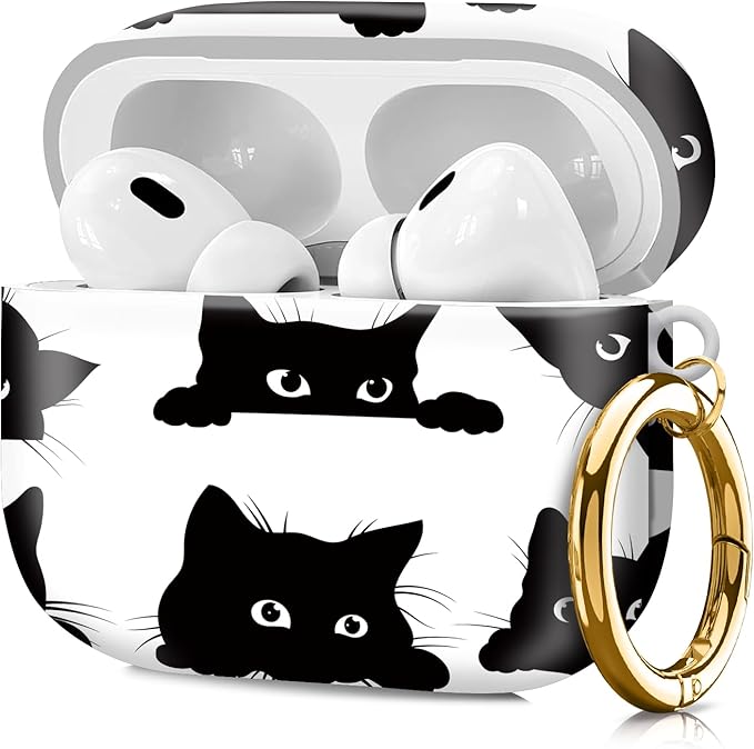 Compatible with Airpod pro 2nd/1st Generation Case Cover with Gold Round Keychain Cute Pattern Hard & Anti Slip Cover for Men Women & Girls（Black cat）