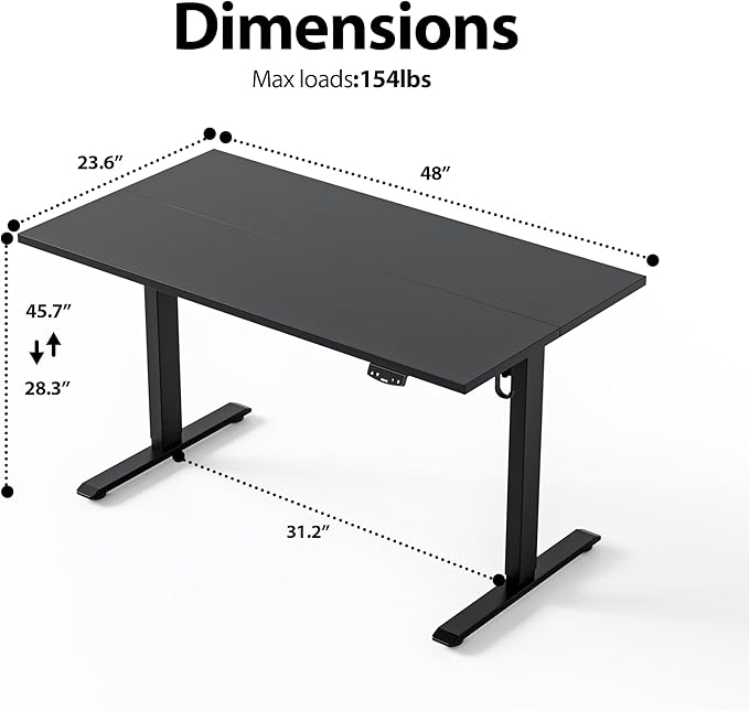 Height Adjustable Electric Standing Desk, 48 x 24 Inches Stand Up Desk, Ergonomic Raising Computer Table with Memory Preset Button, Two-Piece Desktop, Black