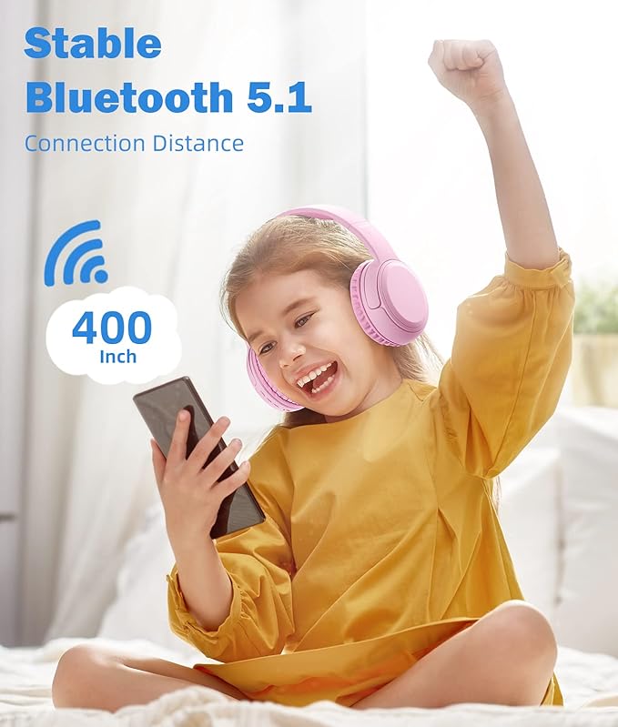 Kids Headphones, Over-Ear Headphones Bluetooth Wireless Kids with Mic, 85/93dB Volume Limited, Stereo Sound, Wired Inline AUX Cord Headphones for Children Boy Girl Teens, Pink
