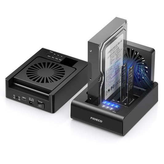 FIDECO M.2 NVMe SSD Cloner and Duplicator, 3-Bay Hard Drive Cloner Dock for M.2 NVMe SSD and 2.5"/3.5" SATA HDD, Hard Drive Reader with Foldable Cooling Fan, Ultimate Heat Dissipation, Tool-Free