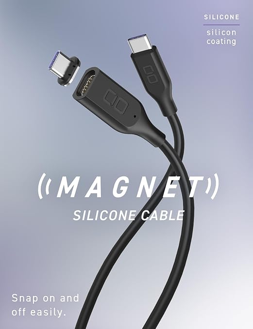CIO Magnetic Silicone Cable, 100 W, USB, Type-C Magnet, Removal, Waterproof Standard, IPX5 Compatible, iPhone 15, Type C Cable (Black, 6.6 ft (2 m)