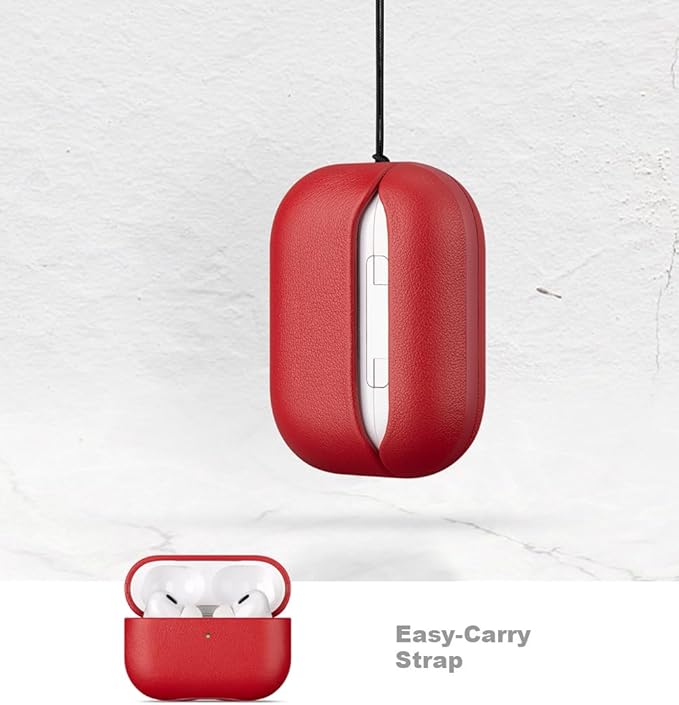 LOPIE Leather Case for AirPods Pro 2 - Handmade AirPods Pro 2nd Generation Case Cover with Lanyard - Made of Full Grain Leather - Drop Protection Hard Shell Cover - Wireless Charging Compatible - Red
