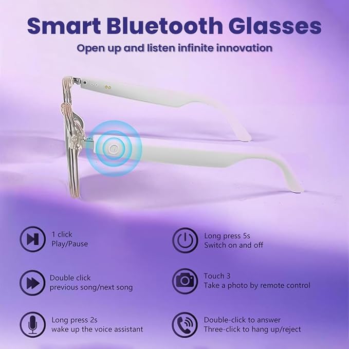Smart Glasses Bluetooth Audio Sunglasses for Men Women with Dual Stereo Speakers, Open Ear Music &HD Calling, Touch &Voice Assistant, UV Protection——Transparent