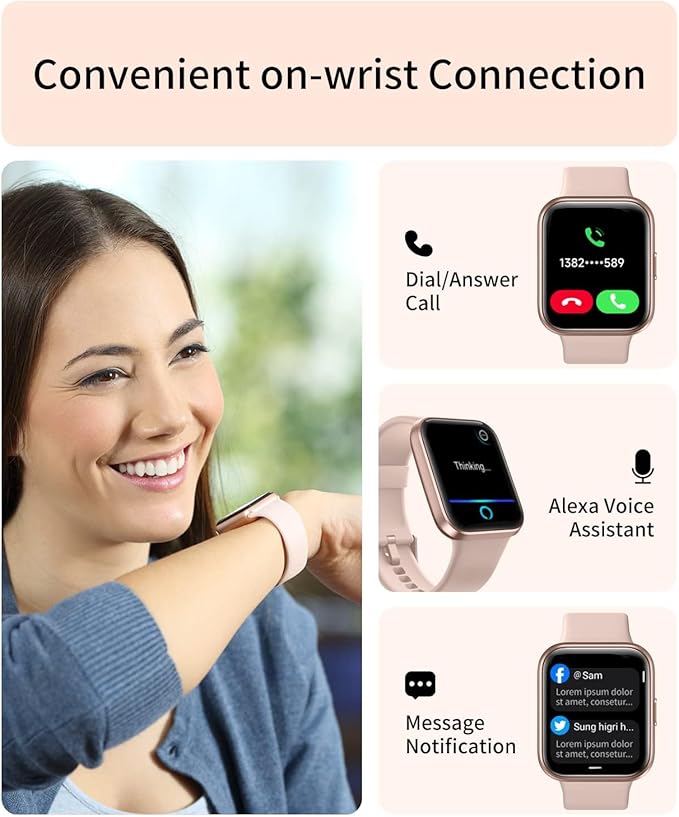 RERE ASW2 Smart Watch (Answer/Make Call), Alexa Built-in, 1.69" Fitness Tracker with 60 Sports Mode, Heart Rate, Blood Oxygen, Sleep Monitor, Fit for Android and iPhone, IP68 Waterproof, Pink
