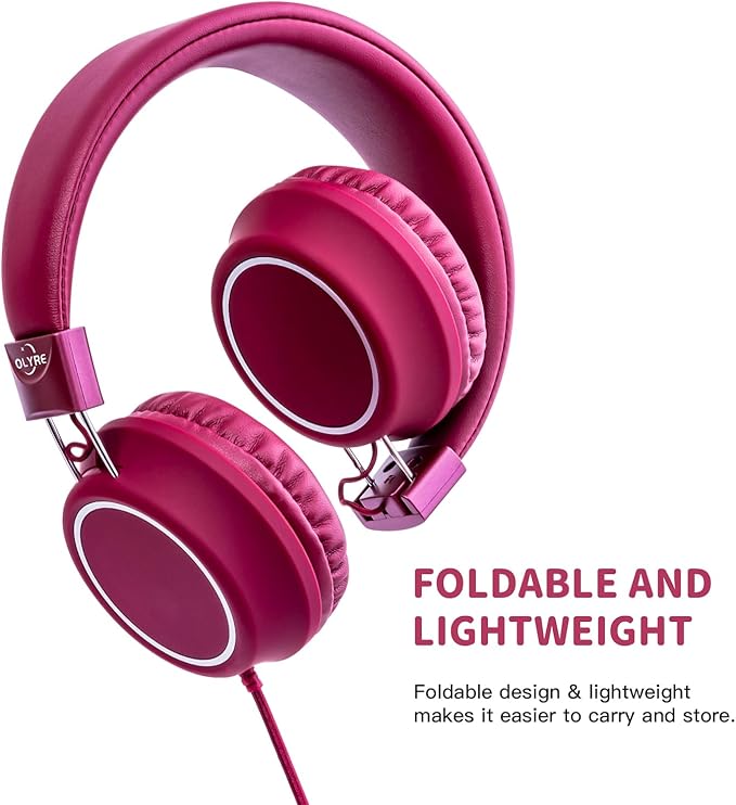 Olyre Kids Headphones,Wired Toddler Teens On-Ear Headphones with HD Microphone,94dB Volume Limit,Tangle-Free 3.5mm Jack Foldable Stereo Children Earphones for School,Tablet,Plane Travel Wine Red
