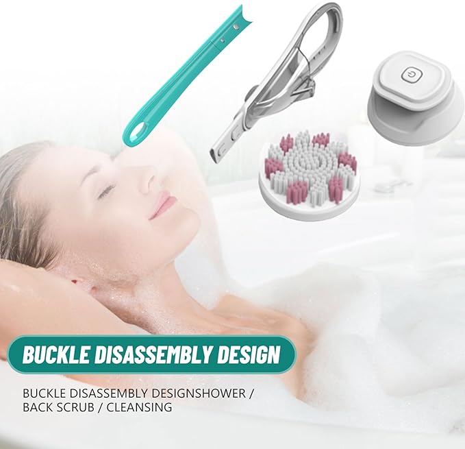 Longzhuo Electric Back Scrubber for Shower with 6 Brush Heads, Rechargeable Bath Brush, Electric Body Scrubber with Long Handle, for Cleanse, Massage, Exfoliate and Pamper Your Skin (Sapphire Blue)