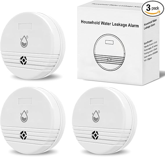 Water Leak Detector 3 Packs, Lound Sound Sensor Alarm, Home Water Flooding Monitor Sink Overflow Monitoring Wet Moisture Alert Pipe Leakage Drip Detection Warning for Basement, Laundry, Bathroom