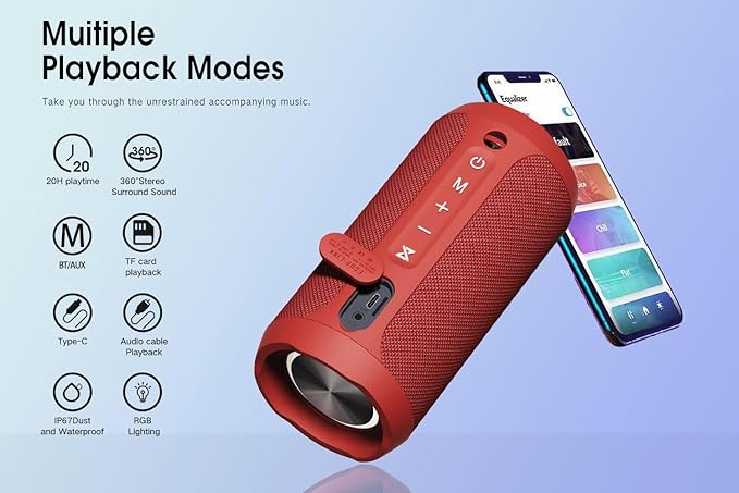 EDUPLINK Bluetooth Speaker IPX7 Waterproof Wireless Speaker with Bass 20H Playtime TWS Stereo Pairing Portable Outdoor Speakers for Beach Camping Travel Gifts for Women Girls Girlfriend Teens Red