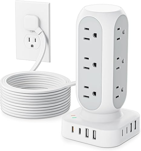 Flat Plug Power Strip Tower, TenTrend 40W Total Fast Charging Station, 10FT