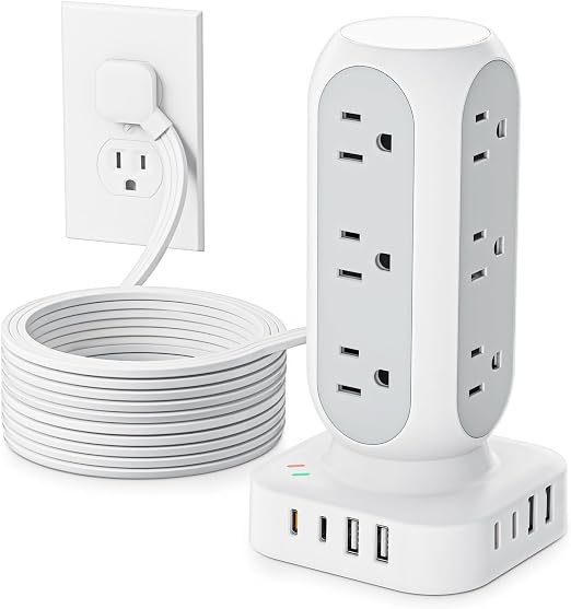 Flat Plug Power Strip Tower, TenTrend 40W Total Fast Charging Station, 10FT