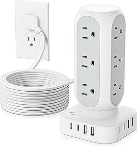 Flat Plug Power Strip Tower, TenTrend 40W Total Fast Charging Station, 10FT