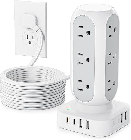Flat Plug Power Strip Tower, TenTrend 40W Total Fast Charging Station, 10FT