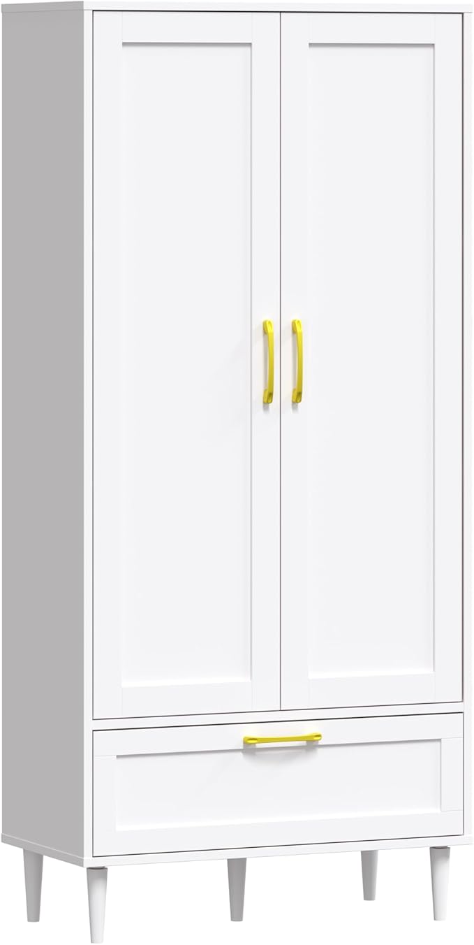 60" Tall Wooden Storage Cabinet with Adjustable Shelves, Large Capacity Freestanding Pantry Cabinet for Living Room, Kitchen, and Dining Room,White