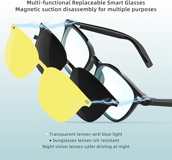 Smart Glasses - Open Ear Anti-Blue Light Bluetooth Audio Glasses for Men Women, Night Vision & UV Polarized Magnetic Lenses, Voice Assistant, Bluetooth Sunglasses for Working/Driving/Relaxing