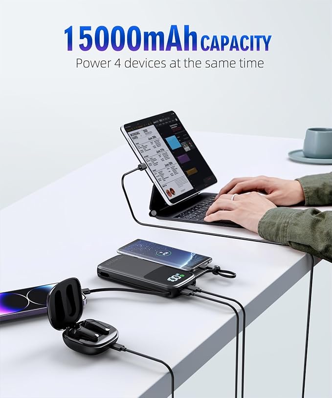 Portable-Charger-Power-Bank - 15000mAh Power Bank Supports PD 30W Fast Charging Built-in AC Wall Plug and 2 Output Cables with LED Display for iPhone iPad and Most Electronic Devices(Black)