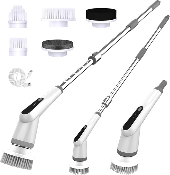 Electric Turn Scrubber, 2025 New Bathroom Scrub Brush with Adjustable Handle, Dual Speed Rotary Drivers, Cordless Shower Floor Brushes for Cleaning Grout, Corners, Crevices