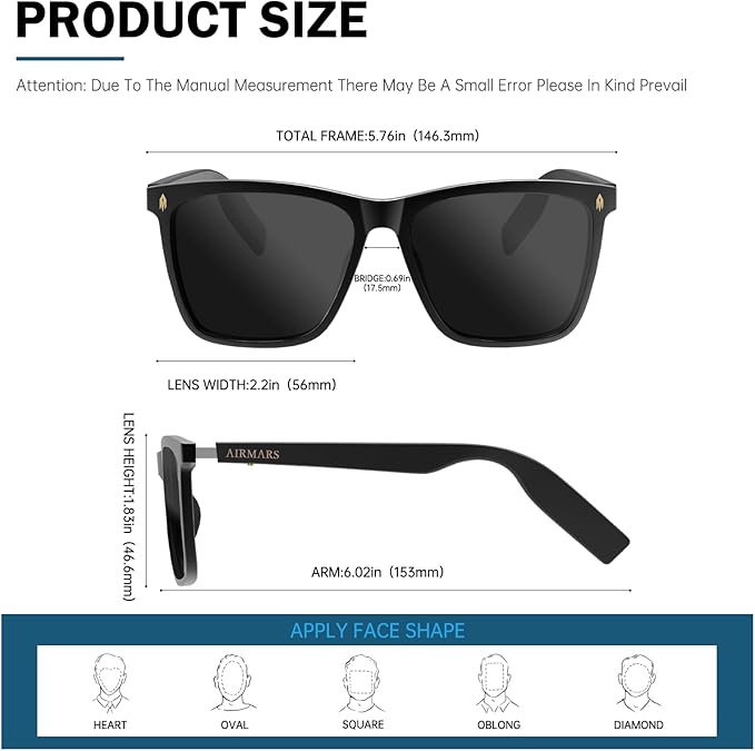 AIRMARS Smart Glasses for Men and Women with Speaker, Bluetooth Sunglasses with Outdoor UV Protection, Smart Sunglasses Bluetooth 5.4 Support Voice Assistant/Android/Mac/PC