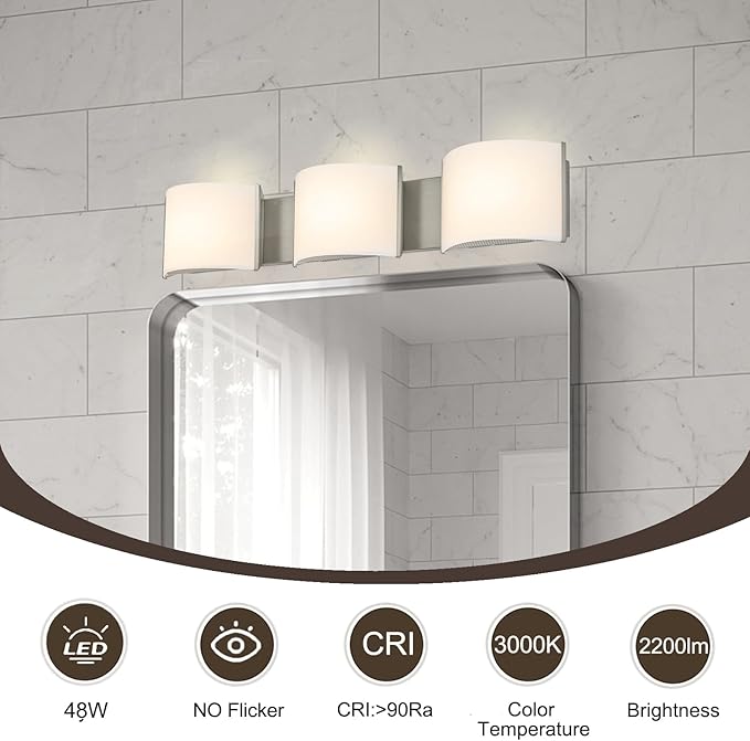 LED Wall Sconce Lights Indoor Sconces Wall Lighting LED Vanity Lights, Brushed Nickel 3 Light Bathroom Vanity Light Fixtures with White ABS Shade for Hallway Bedroom Living Room