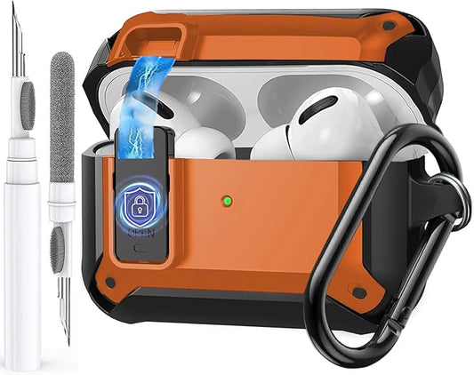 for Airpods Pro 3 Case with Magnetic Automatic Lock, Rugged Apple Airpods Pro 3rd Generation Cover 2025, Armor Shockproof iPod Pro3 Gen Protective Shell with Carabiner&Cleaner kit, Black/Orange