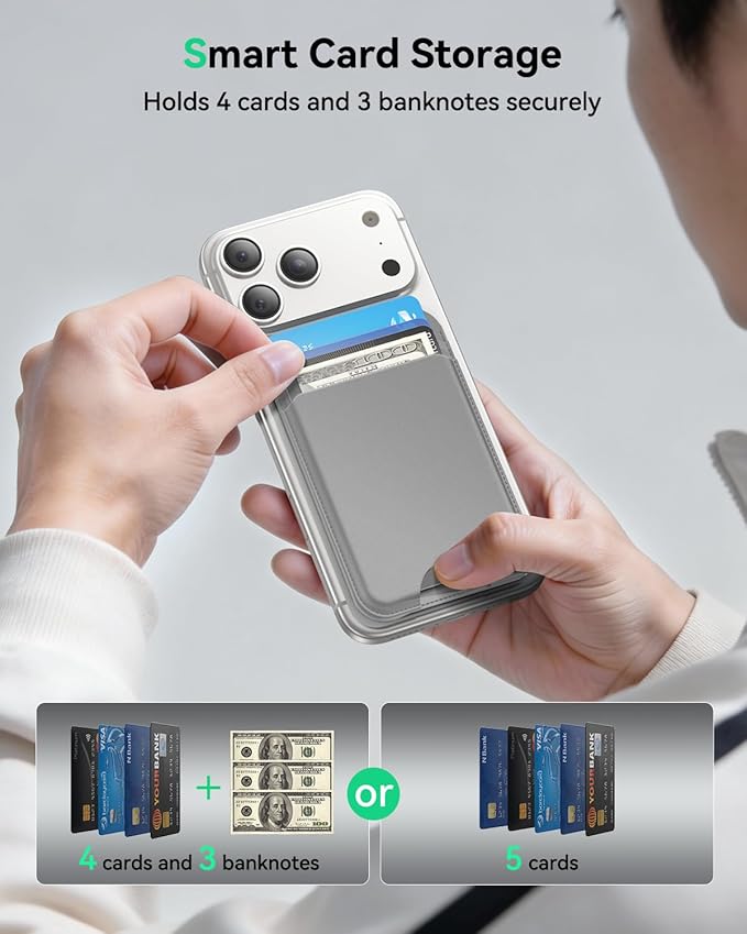 for MagSafe Wallet with Stand, 5 Card Holder, Slim Leather Magnetic Wallet for iPhone 17/16/15/14/13/12 Pro Max Plus Air Series, 3 Card Slots & 1 Cash Slot,Grey