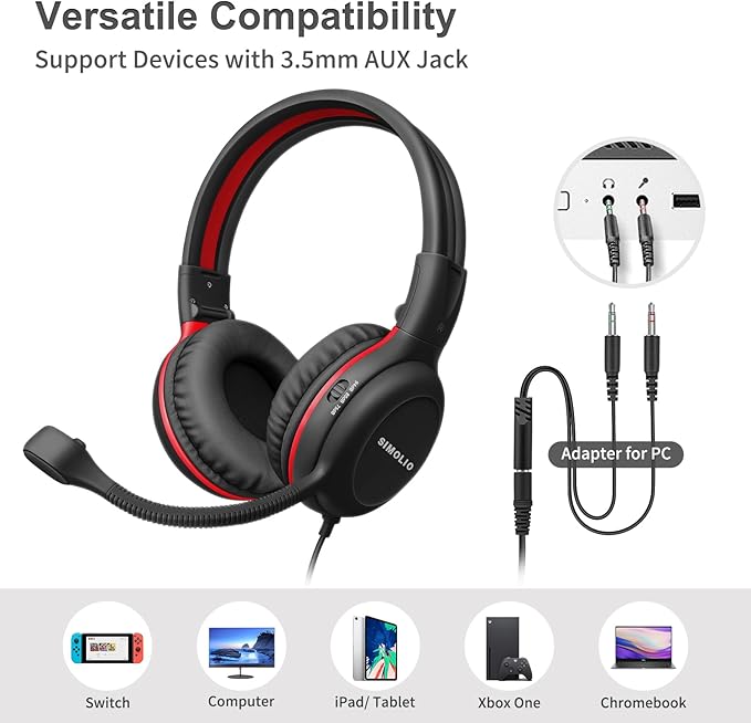 SIMOLIO Headphones Wired Kids with Boom Microphone for School & Meeting & Gaming, 3 Levels Hearing Protection Headphones for Boys, Girls, Children, Teens, Foldable Durable Stereo Headsets for iPad, PC