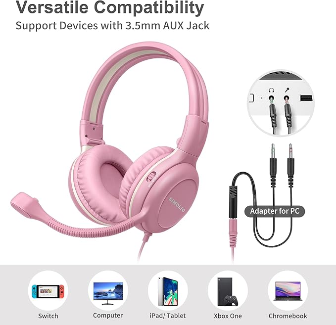 SIMOLIO Kids-Headphones with Microphone for School, 75/85/94 dB Wired Headphones with Boom Mic for iPad, PC, Laptop, Gaming, On Ear Pink Stereo Corded Headsets for Girls, Children, Teens, Students