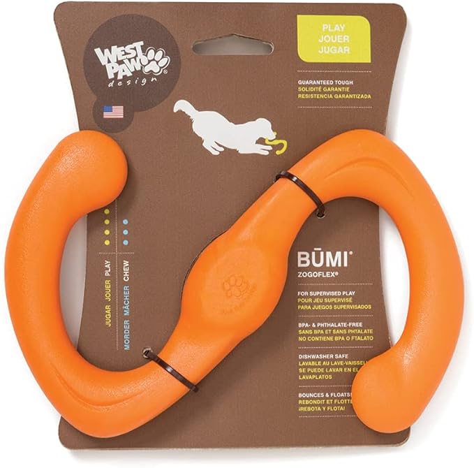 WEST PAW Zogoflex Bumi Dog Tug Toy – S-Shaped, Lightweight Chew Toys for Fetch, Play, Pet Exercise – Tug of War Soft Flinging Squishy Chewy Toy for Dogs – Guaranteed, Latex-Free, Small 8", Tangerine
