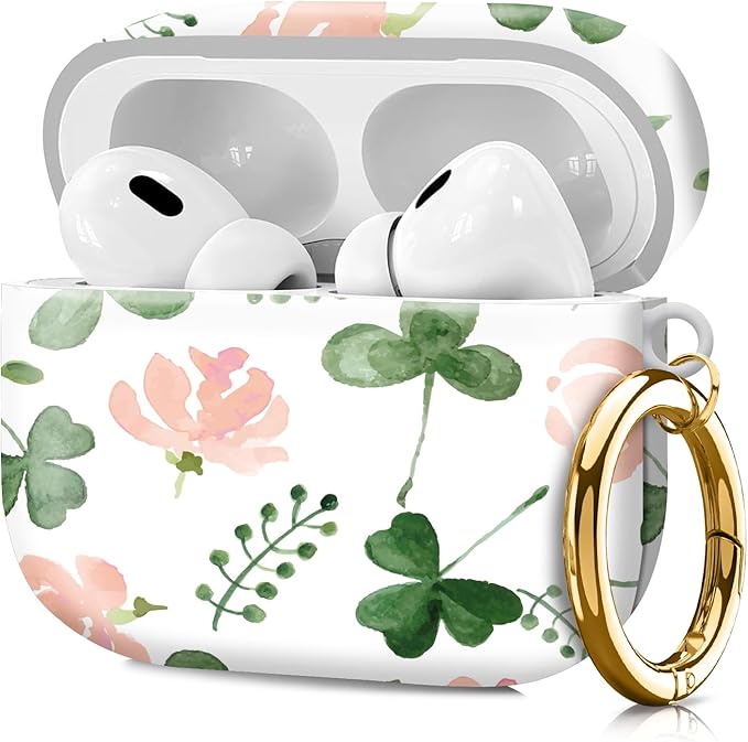 Compatible with Airpod pro 2nd/1st Generation Case Cover with Gold Round Keychain Cute Pattern Hard & Anti Slip Cover for Men Women & Girls（Flowers and Plants）