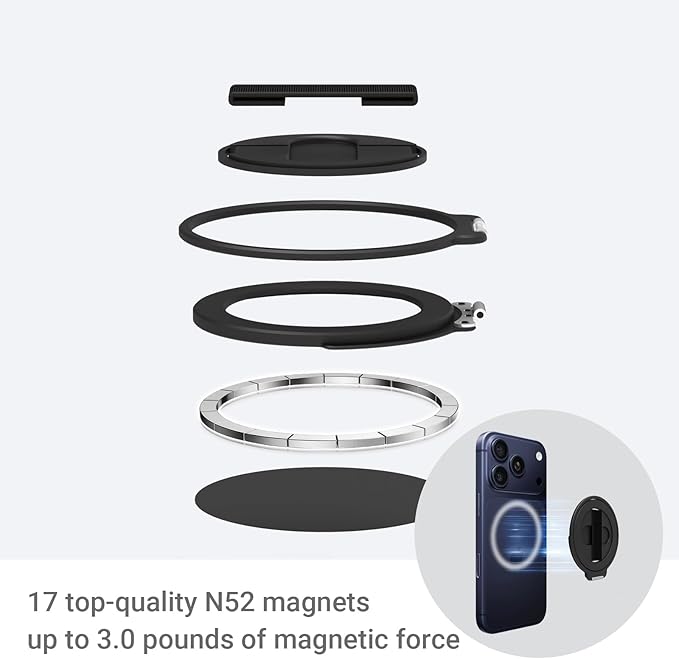 Grat 4 for Magsafe Magnetic Phone Grip Stand, 360° Rotatable Elastic Strap Loop, Detachable Ultra-Thin Aluminum Ring Kickstand Compatible with iPhone 17 Pro Max Air 16 15 14 13 12, Black