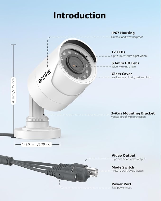ANNKE 1080p Security Camera 4-in-1 CCTV Bullet Wired Cam, AHD/TVI/CVI/CVBS, Analog Surveillance Video Add–On Cams for Outdoor Use, 100ft Clear B & W Night Vision (Power Adapter BNC Cable Not Included)