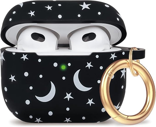 Moon Star Silicone Compatible with AirPods 3 Case 2021, Gawnock Soft Case for Compatible with AirPods 3rd Generation Print Cover for Women Girls with Keychain (Moon/Star)