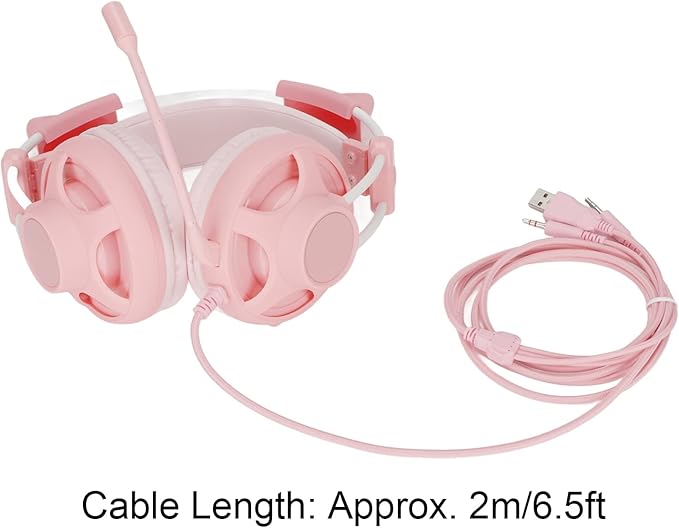 Cute Pink Cat Ears Gaming Headset for, 7.1 Surround Headband Wired Gaming Headset Bass Surround and Noise Cancelling with Mic for Laptop PC Smartphones (Pink)