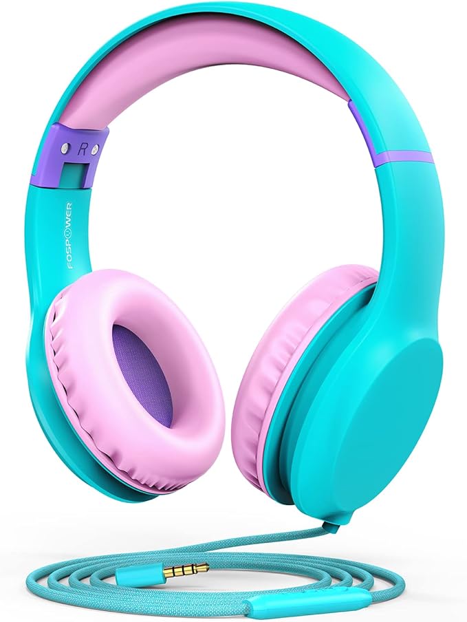 FosPower Kids Headphones with 3.5mm Laced Cables, Children & Teens Over The Ear Foldable Adjustable Headset w/Built-in Mic for Smartphones/PC/Tablet/Laptop/School (Max Volume 85dB) - Mint/Pink
