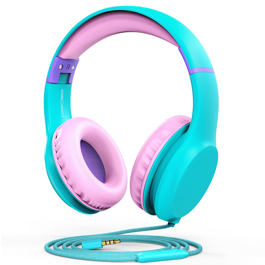 FosPower Kids Headphones with 3.5mm Laced Cables, Children & Teens Over The Ear Foldable Adjustable Headset w/Built-in Mic for Smartphones/PC/Tablet/Laptop/School (Max Volume 85dB) - Mint/Pink