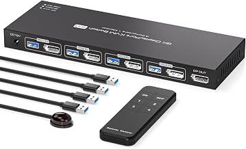 8K Displayport KVM Switch 4 Computers 1 Monitor 4K144Hz 4 Port KVM Sharing 1 Monitor and 4 USB 3.0 Device with Controller Support Extended/Copy Mode