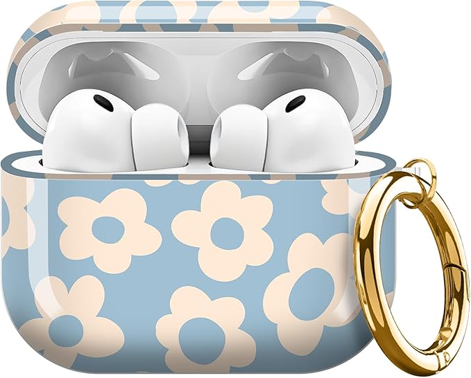 Compatible with AirPods Pro 3 (2025) Case, Airpod Pro 3 Protective Cover with Cute Golden Keychain for Girls & Women (Blue Groovy Flowers)
