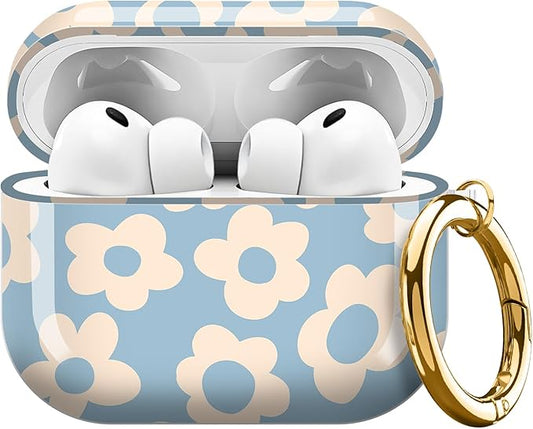 Compatible with AirPods Pro 3 (2025) Case, Airpod Pro 3 Protective Cover with Cute Golden Keychain for Girls & Women (Blue Groovy Flowers)