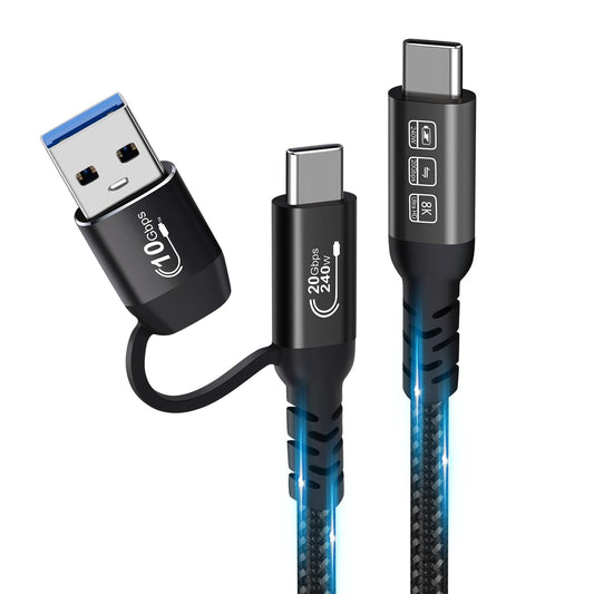 USB C Cable,USbC 3.2 Gen 2X2 20Gbps,Multi Functional 2in1 USB A to Type C 8K@60Hz UHD Video 5A/240W PD3.1 Fast Charge Cord Compatible with Thunderbolt 3/4 MacBook Pro Samsung (USB C 50CM)