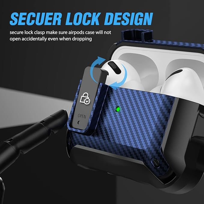 Valkit Compatible Airpods Pro Case with Lock Clip, Carbon Fiber Texture Air Pod Pro Case Cover with Keychain for Men Women Cool AirPod Pro Shockproof Protective Case for AirPods Pro 2019, Black/Blue