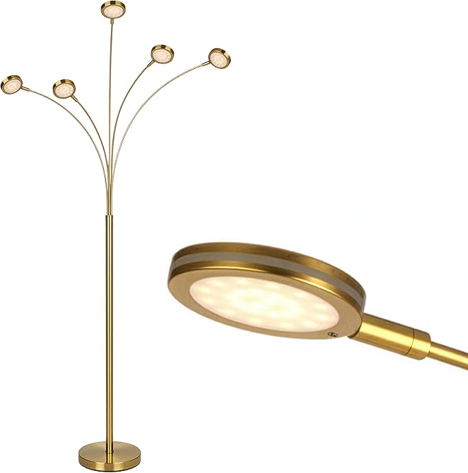 Brightech Orion Arc Floor Lamp for Living Room, Tree Floor Lamp with 5 Adjustable Arms, Multi-Head Standing Lamp with Flexible Rotating LED Lights for Bedroom, Dorm - Bright Hanging Lighting - Brass