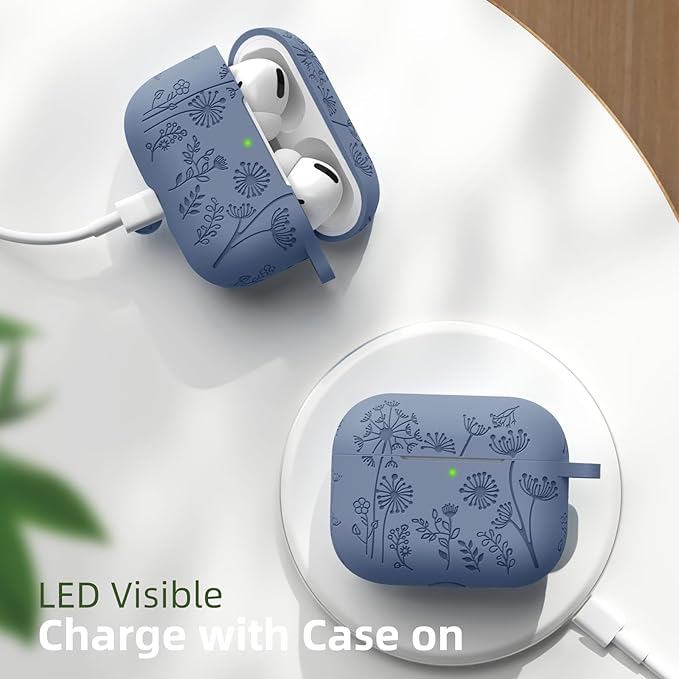 Lerobo Flower Engraved Cover for Airpod Pro Case 2nd 1st Generation Cute, Full Protective Soft Silicone Case Compatible with Apple AirPod Pro/AirPods Pro 2 Case USB C, Front LED Visible, Lavender Gray