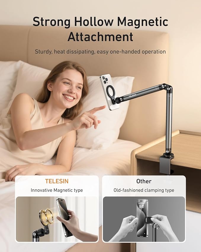 Magnetic Phone Holder for Desk & Bed – Black, 360° Adjustable Long Arm Tablet Stand with Strong N52 Magnet for iPhone, Android & iPad