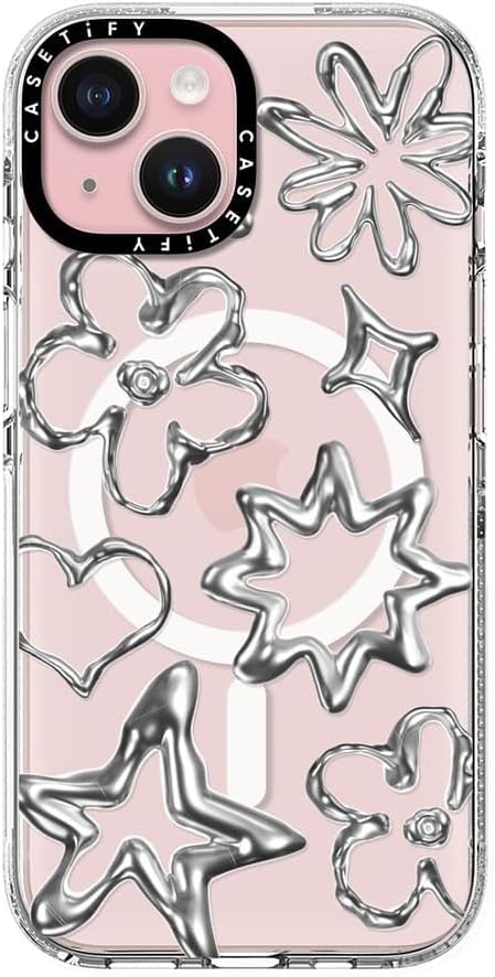 CASETiFY Clear iPhone 15 Case [Not Yellowing / 6.6 ft. 3X Military Grade Drop Protection/Magsafe] - Chrome Doodles - Clear