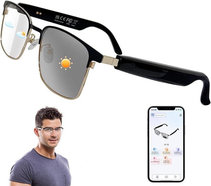 AI Smart Glasses with ChatGPT, Bluetooth Glasses for Men & Women, Photochromic Lenses, Real-Time Translation in 160+ Languages via APP, AI Glasses with Speakers for Indoor Outdoor (Gold)