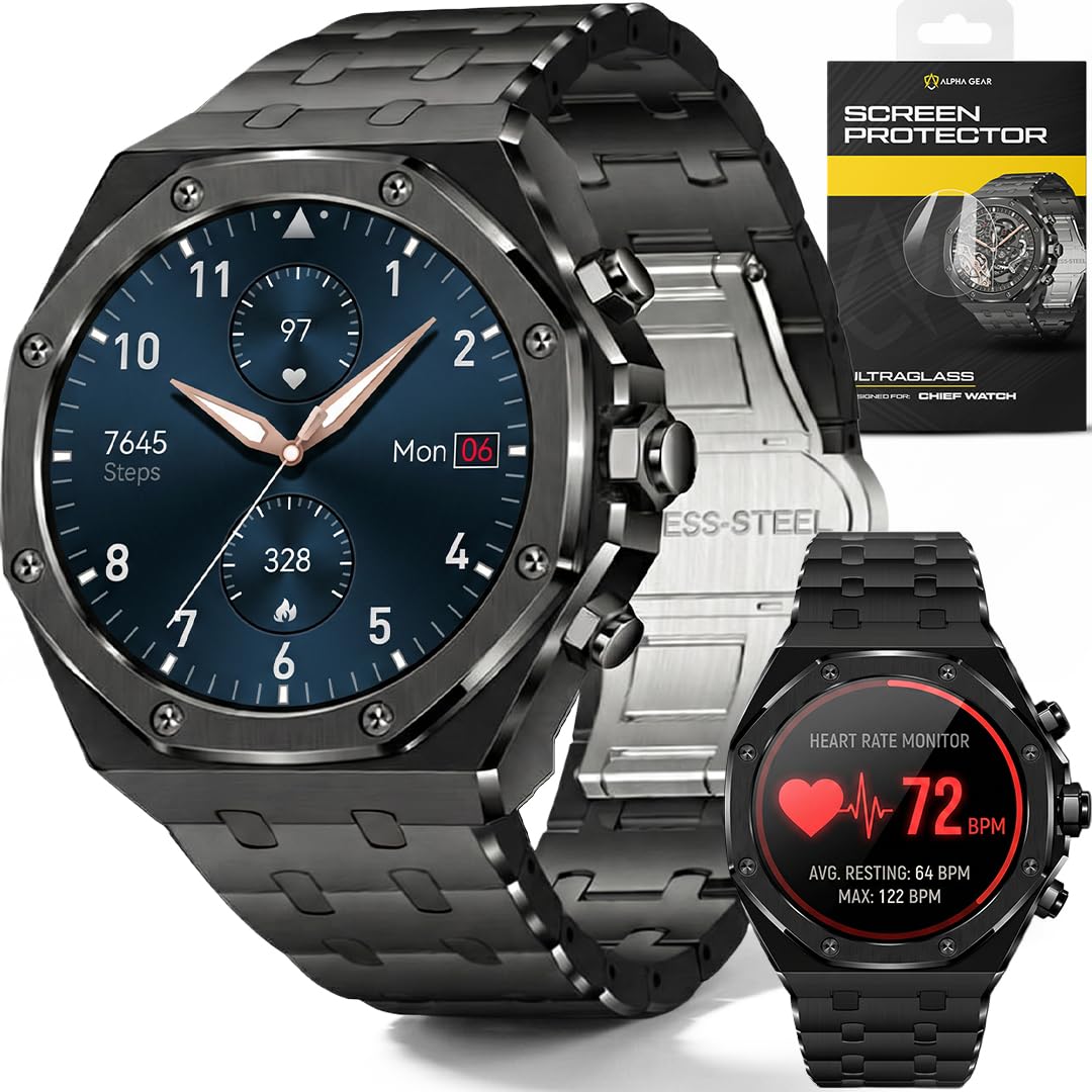 ALPHAGEAR Chief Smartwatch for Men, Premium Hex Bezel Metal Smart Watch, 1.43" AMOLED Display, 14-Day Battery, Bluetooth Calling, Stainless Steel, Water Resistant, for Android iPhone (Dark Gray)