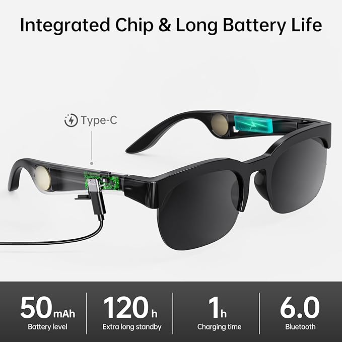 Smart Glasses with AI Translator, V6.0 Bluetooth Glasses with 150+ Translation, Smart Sunglasses for Men & Woman, Music Glasses with Long Battery Life, UV Protection, IPX5 Waterproof, Hands-Free Calls